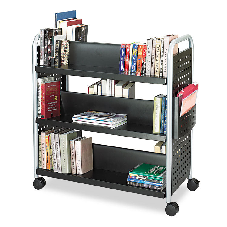 Scoot Double-Sided Book Cart, Metal, 6 Shelves, 1 Bin, 41.25  x 17.75  x 41.25 , Black
