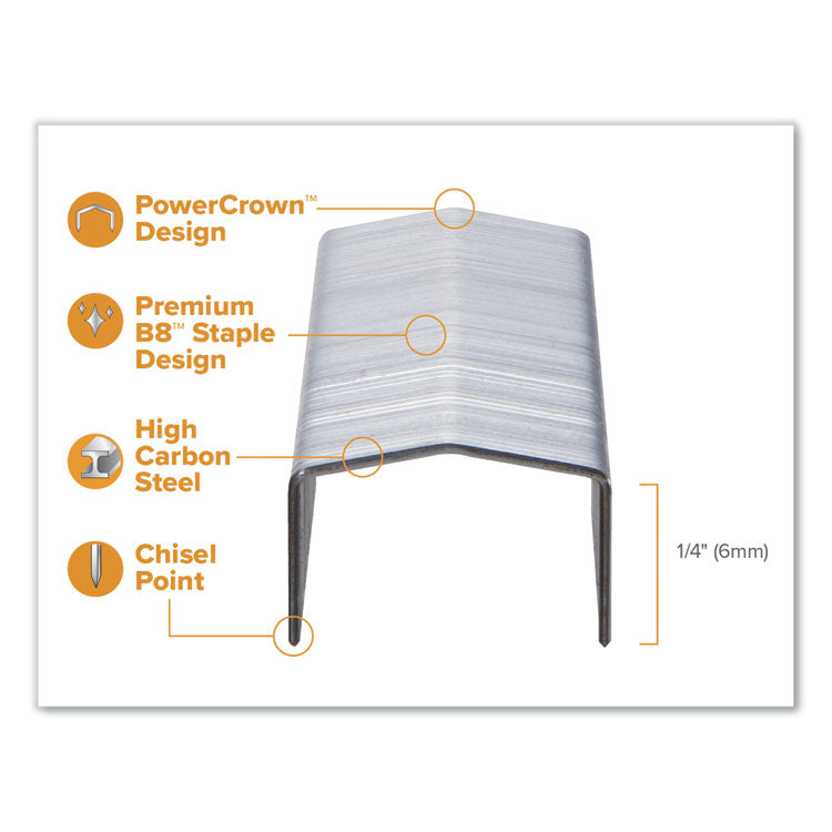 B8 PowerCrown Premium Staples, 0.25" Leg, 0.5" Crown, Steel, 5,000/Box