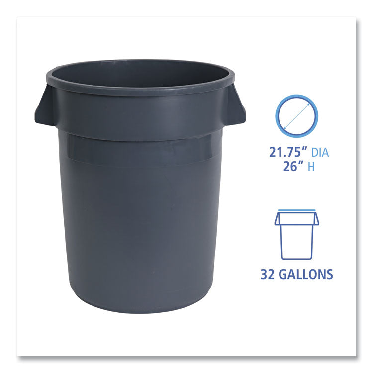 Round Waste Receptacle, 32 gal, Linear-Low-Density Polyethylene, Gray