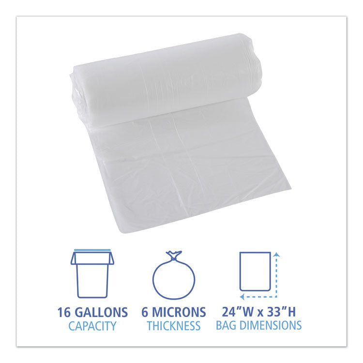 High-Density Can Liners, 16 gal, 6 mic, 24  x 33 , Natural, Perforated Roll, 50 Bags/Roll, 20 Rolls/Carton