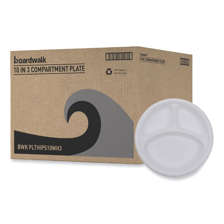 Hi-Impact Plastic Dinnerware, 3-Compartment Plate, 10  dia, White, 500/Carton