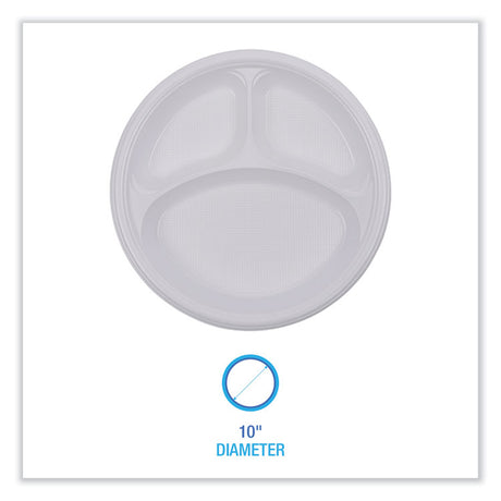 Hi-Impact Plastic Dinnerware, 3-Compartment Plate, 10  dia, White, 500/Carton