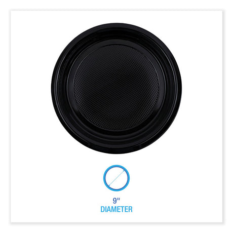 Hi-Impact Plastic Dinnerware, Plate, 9  dia, Black, 500/Carton