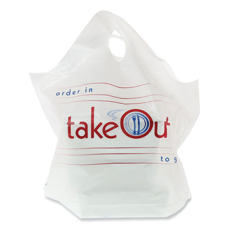Wave Top To-Go Bags, Take-Out Labeling, Cut-Out Handles, 19  x 9.5  x 19 , White/Blue/Red, 500/Carton