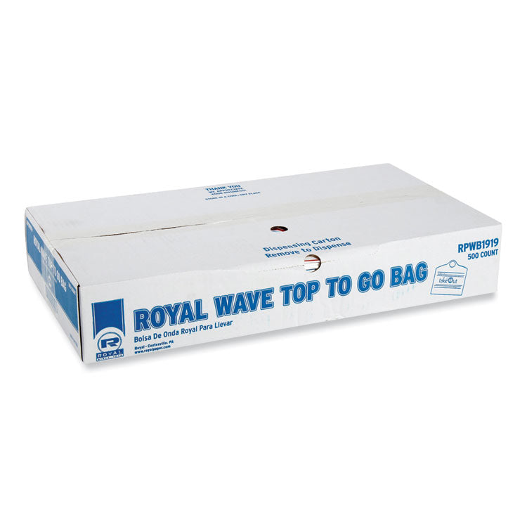 Wave Top To-Go Bags, Take-Out Labeling, Cut-Out Handles, 19  x 9.5  x 19 , White/Blue/Red, 500/Carton