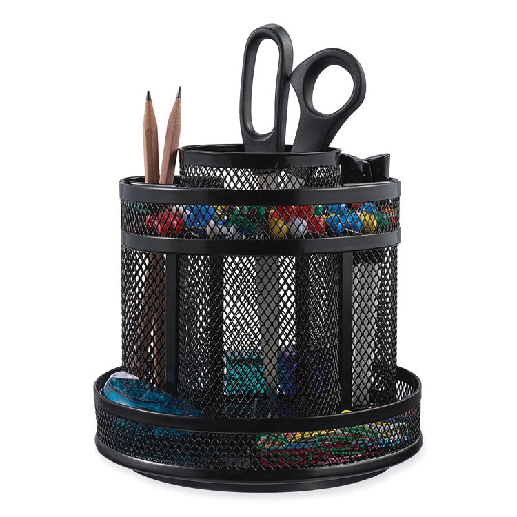 Metal Mesh Rotating Desktop Organizer, 8 Compartments, Metal Mesh, 6.5" Diameter x 6.13"h, Black