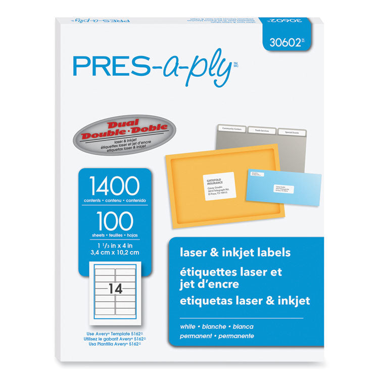 Labels, Laser Printers, 1.33 x 4, White, 14/Sheet, 100 Sheets/Box