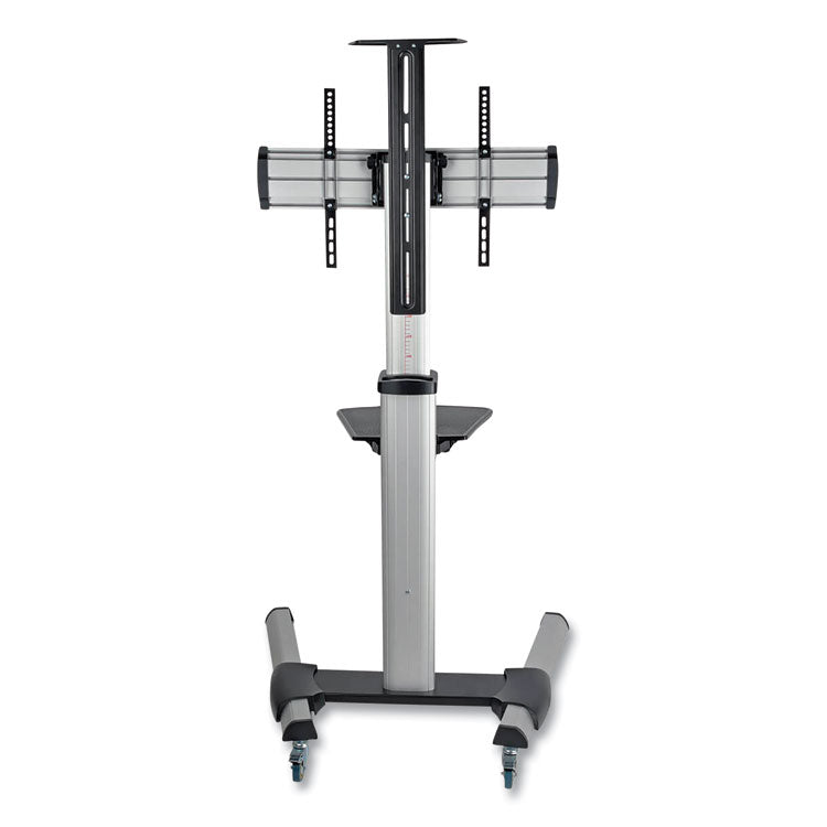 Flat Panel Floor Stand, Tilt Range: -12 to +5, Metal, 1 Shelf, 110 lb Capacity, 32.6  x 27.6  x 81.5 , Silver/Black