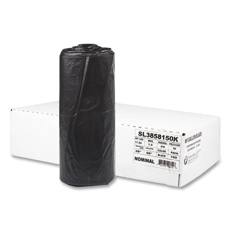 Low-Density Commercial Can Liners, 60 gal, 1.5 mil, 38  x 58 , Black, Interleaved Roll, 20 Bags/Roll, 5 Rolls/Carton