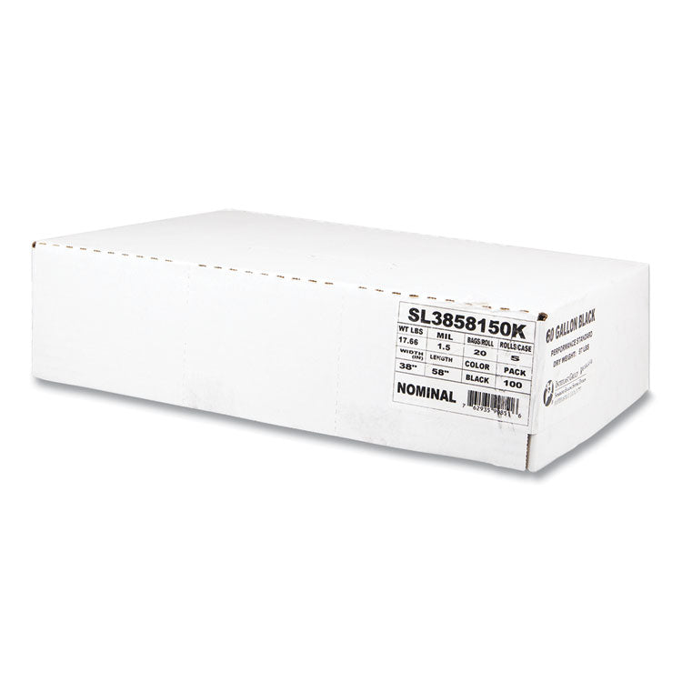 Low-Density Commercial Can Liners, 60 gal, 1.5 mil, 38  x 58 , Black, Interleaved Roll, 20 Bags/Roll, 5 Rolls/Carton