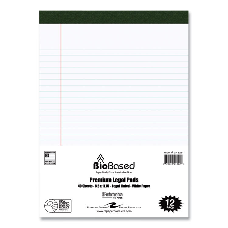 USDA Certified Bio-Preferred Legal Pad, Wide/Legal Rule, 40 White 8.5 x 11.75 Sheets, 12/Pack