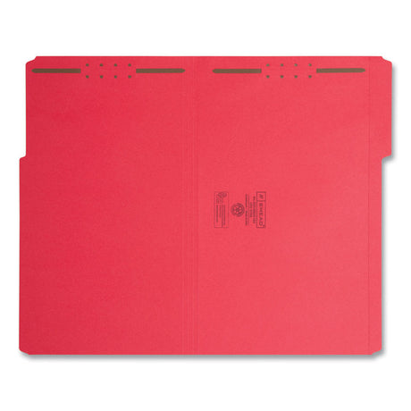 Top Tab Colored Fastener Folders, 0.75" Expansion, 2 Fasteners, Legal Size, Red Exterior, 50/Box