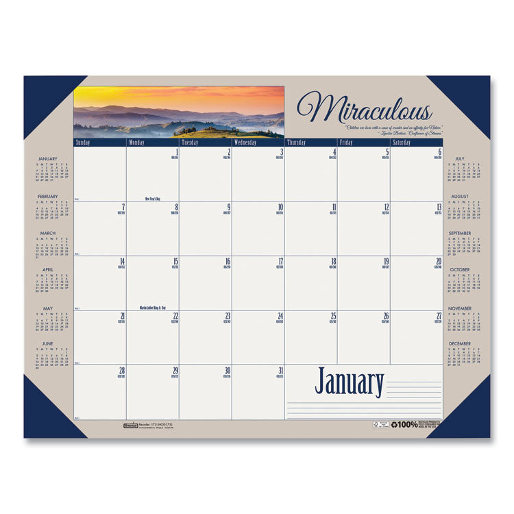 Earthscapes Recycled Monthly Desk Pad Calendar, Motivational Photos, 22 x 17, Blue Binding/Corners, 12-Month (Jan-Dec): 2025