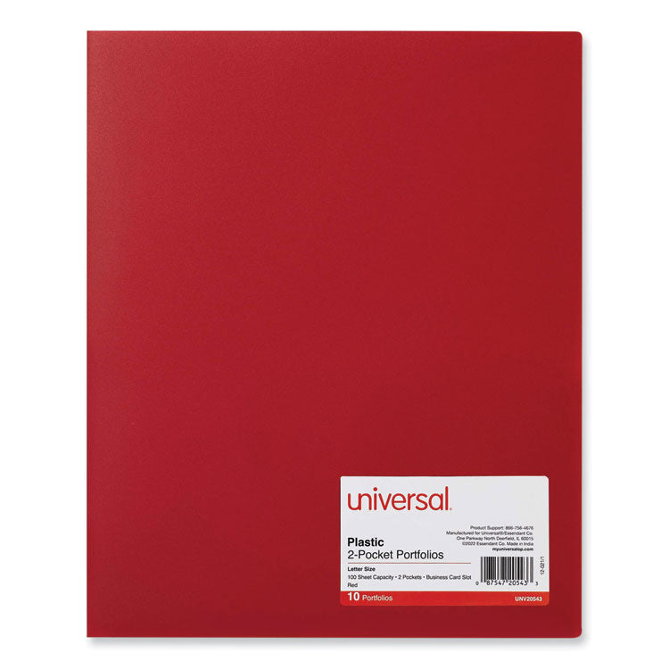 Two-Pocket Plastic Folders, 100-Sheet Capacity, 11 x 8.5, Red, 10/Pack