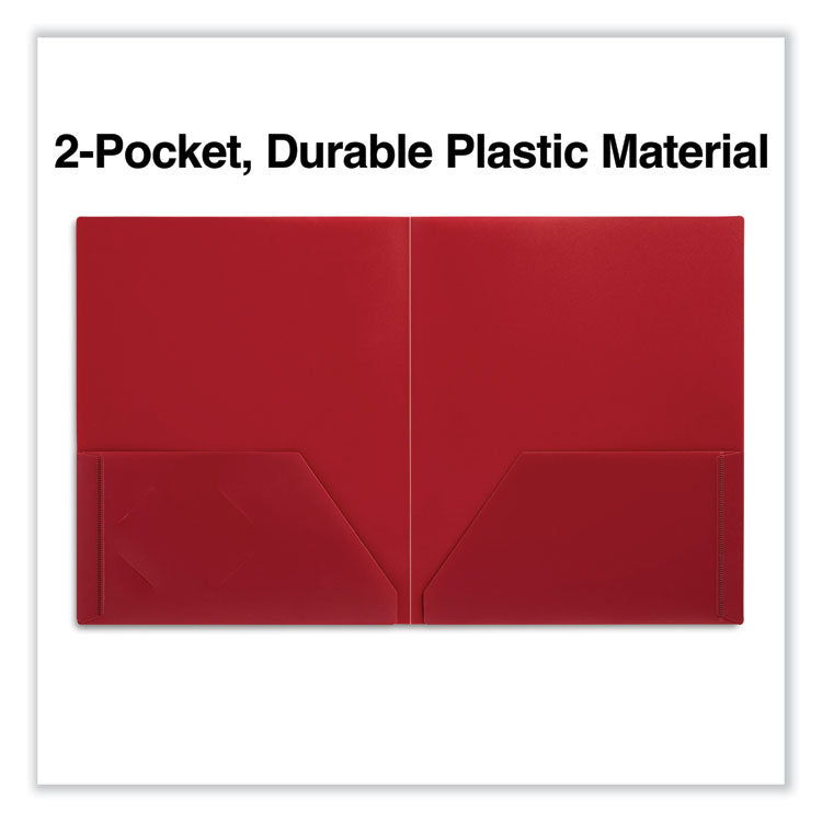 Two-Pocket Plastic Folders, 100-Sheet Capacity, 11 x 8.5, Red, 10/Pack