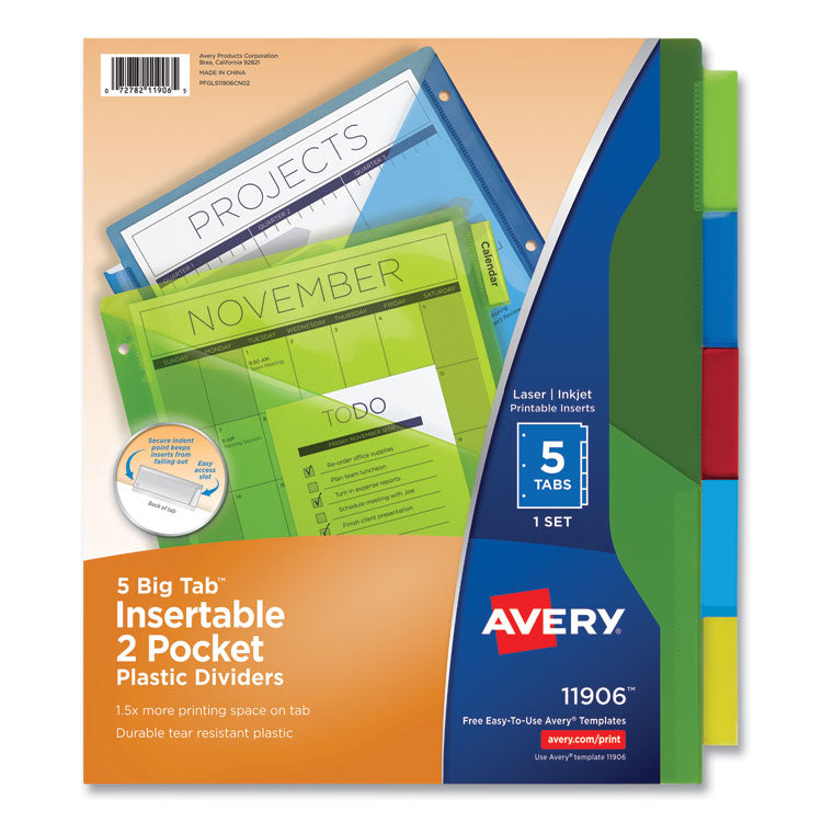 Insertable Big Tab Plastic 2-Pocket Dividers, 5-Tab, 11.13 x 9.25, Assorted, 1 Set