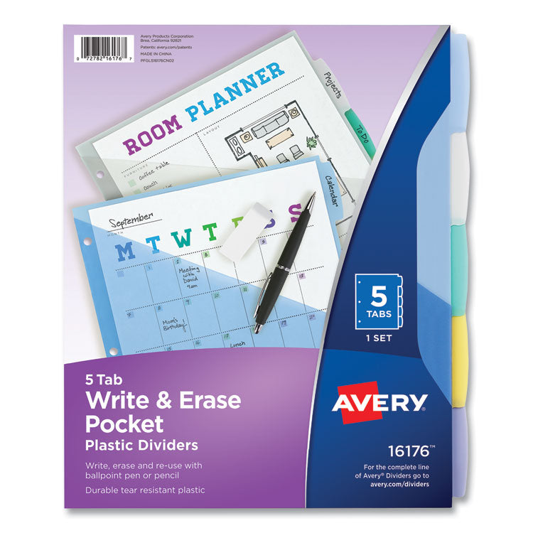 Write and Erase Durable Plastic Dividers with Slash Pocket, 3-Hold Punched, 5-Tab, 11.13 x 9.25, Assorted, 1 Set