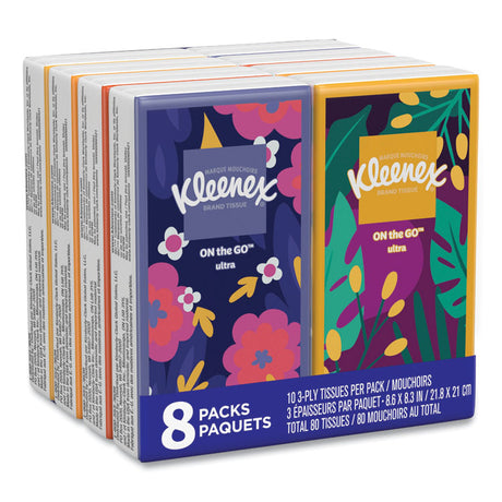 On The Go Packs Facial Tissues, 3-Ply, White, 10 Sheets/Pouch, 8 Pouches/Pack
