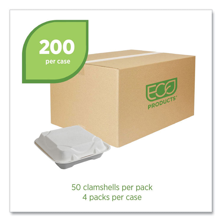 Vanguard Renewable and Compostable Sugarcane Clamshells, 1-Compartment, 9 x 9 x 3, White, 200/Carton