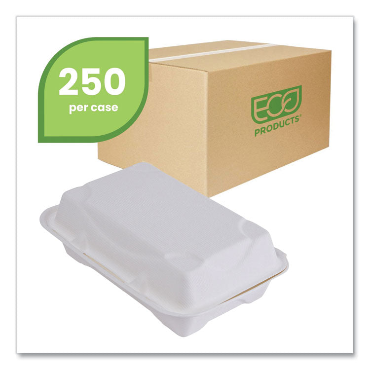 Vanguard Renewable and Compostable Sugarcane Clamshells, 1-Compartment, 9 x 6 x 3, White, 250/Carton