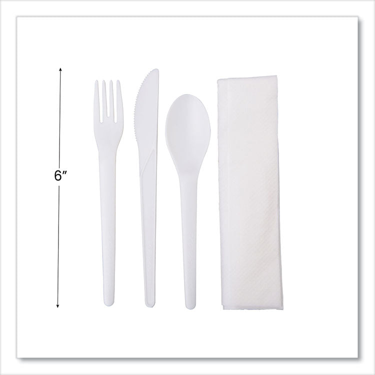 Plantware Compostable Cutlery Kit, Knife/Fork/Spoon/Napkin, 6", Pearl White, 250 Kits/Carton