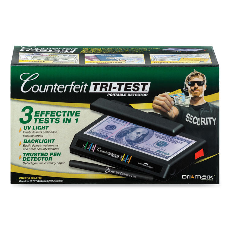 Tri Test Counterfeit Bill Detector with Pen, U.S.; Canadian; Mexican; EU; UK; Chinese Currencies, 7 x 4 x 2.5, Black