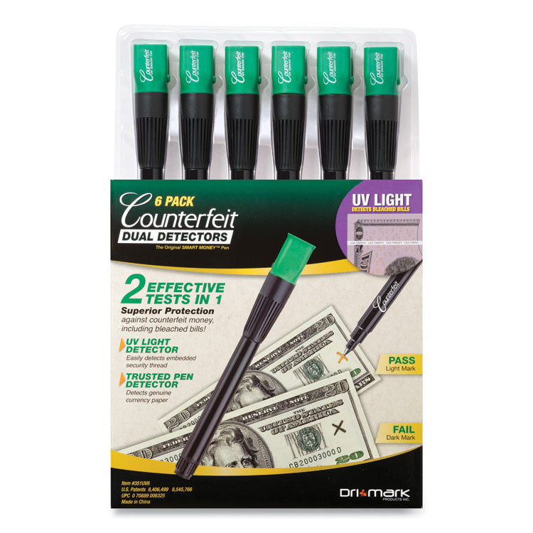 Counterfeit Money Detection System, UV Light; Watermark Detector; Color Change Ink, U.S. Currency, 0.8 x 0.8 x 6, Black/Green