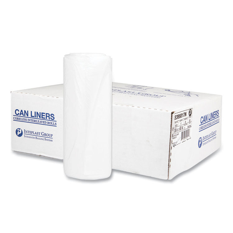 High-Density Commercial Can Liners, 60 gal, 17 mic, 38  x 60 , Clear, Interleaved Roll, 25 Bags/Roll, 8 Rolls/Carton