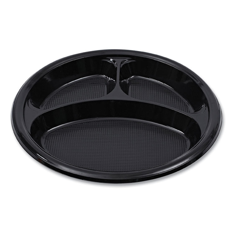 Hi-Impact Plastic Dinnerware, 3-Compartment Plate, 10  dia, Black, 125/Sleeve, 4 Sleeves/Carton