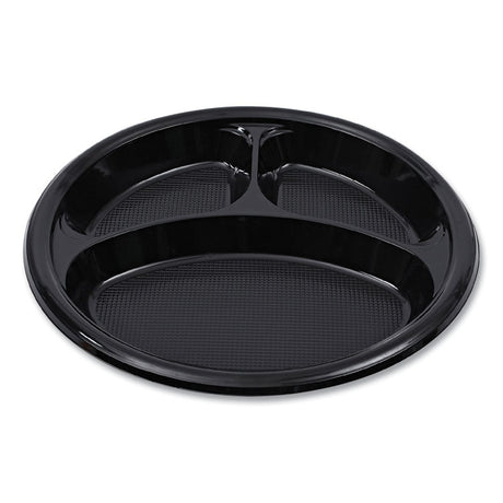 Hi-Impact Plastic Dinnerware, 3-Compartment Plate, 10  dia, Black, 125/Sleeve, 4 Sleeves/Carton