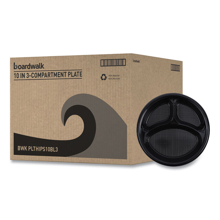 Hi-Impact Plastic Dinnerware, 3-Compartment Plate, 10  dia, Black, 125/Sleeve, 4 Sleeves/Carton