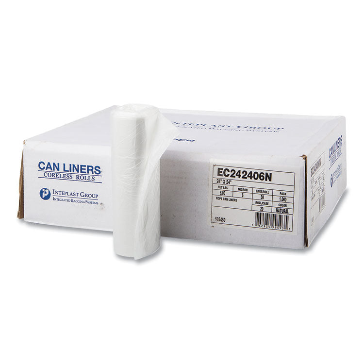 High-Density Commercial Can Liners, 10 gal, 6 mic, 24  x 24 , Natural, Perforated Roll, 50 Bags/Roll, 20 Rolls/Carton