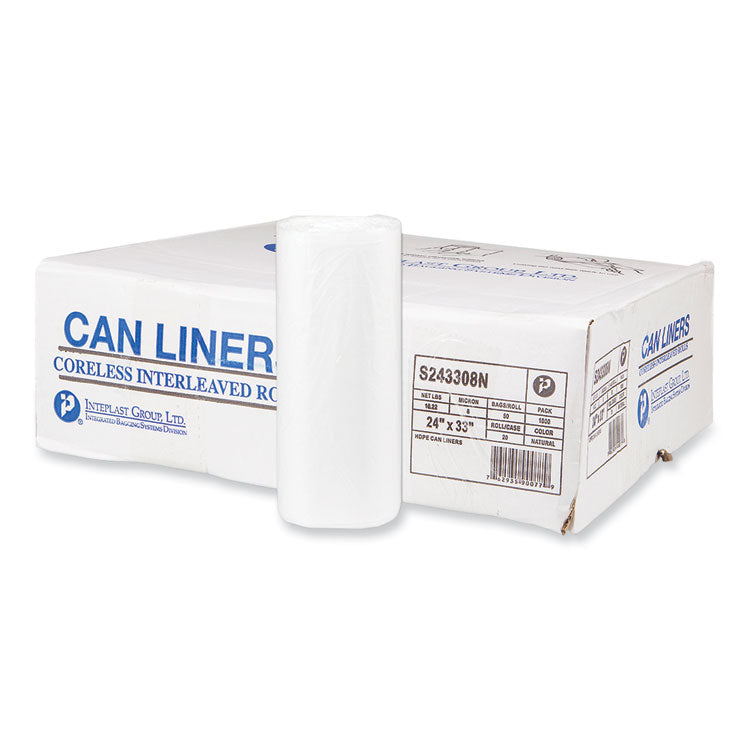 High-Density Commercial Can Liners, 16 gal, 8 mic, 24  x 33 , Natural, Interleaved Roll, 50 Bags/Roll, 20 Rolls/Carton