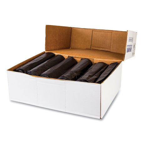 High-Density Commercial Can Liners, 10 gal, 6 mic, 24  x 24 , Black, Perforated Roll, 50 Bags/Roll, 20 Rolls/Carton