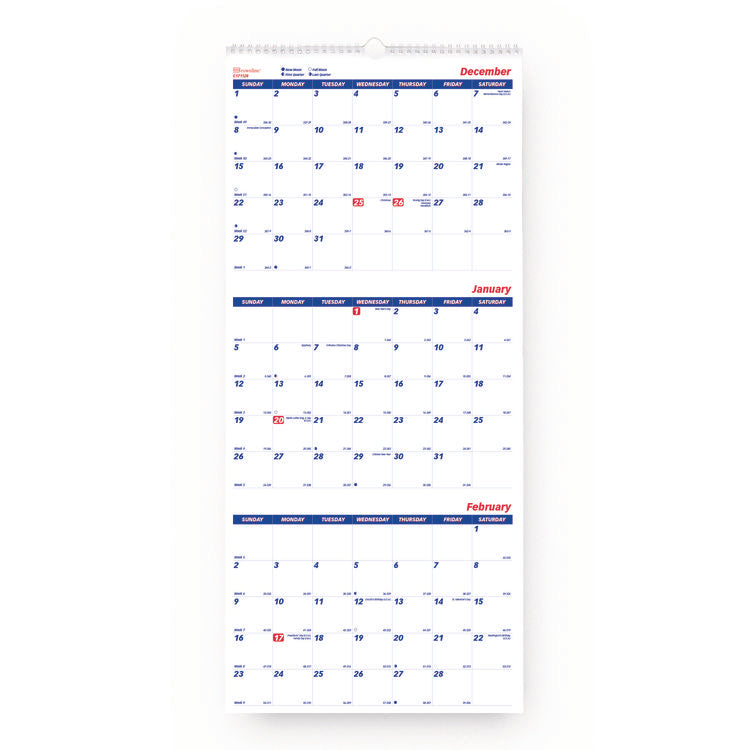 Three-Month Wall Calendar, 12.25  x 27 , White/Blue Sheets, 14-Months: Dec 2024 to Jan 2026