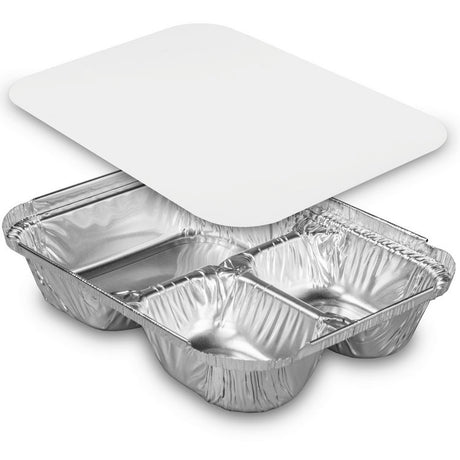 Three-Compartment Oblong Food Container, 24 oz, 6.38 x 1.47 x 8, Silver, Aluminum, 500/Carton