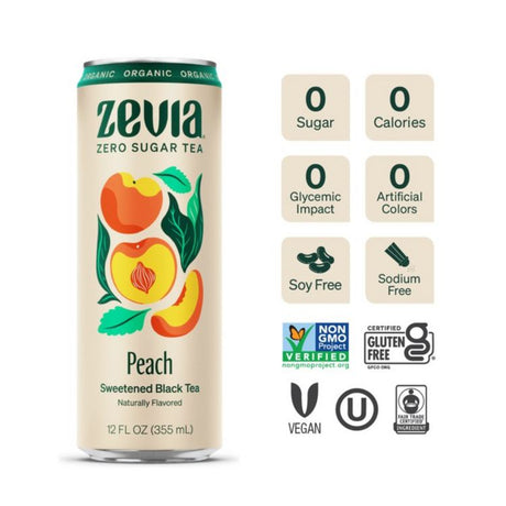 Zero Sugar Naturally Sweetened Black Tea, Peach, 12 oz Can, 12/Carton