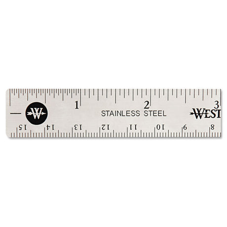 Stainless Steel Office Ruler With Non Slip Cork Base, Standard/Metric, 6" Long