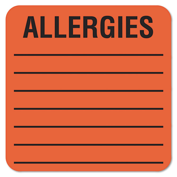 Allergy Warning Labels, ALLERGIES, 2 x 2, Fluorescent Red, 500/Roll