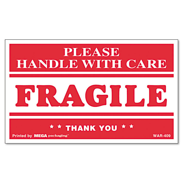 Printed Message Self-Adhesive Shipping Labels, FRAGILE Handle with Care, 3 x 5, Red/Clear, 500/Roll