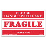 Printed Message Self-Adhesive Shipping Labels, FRAGILE Handle with Care, 3 x 5, Red/Clear, 500/Roll